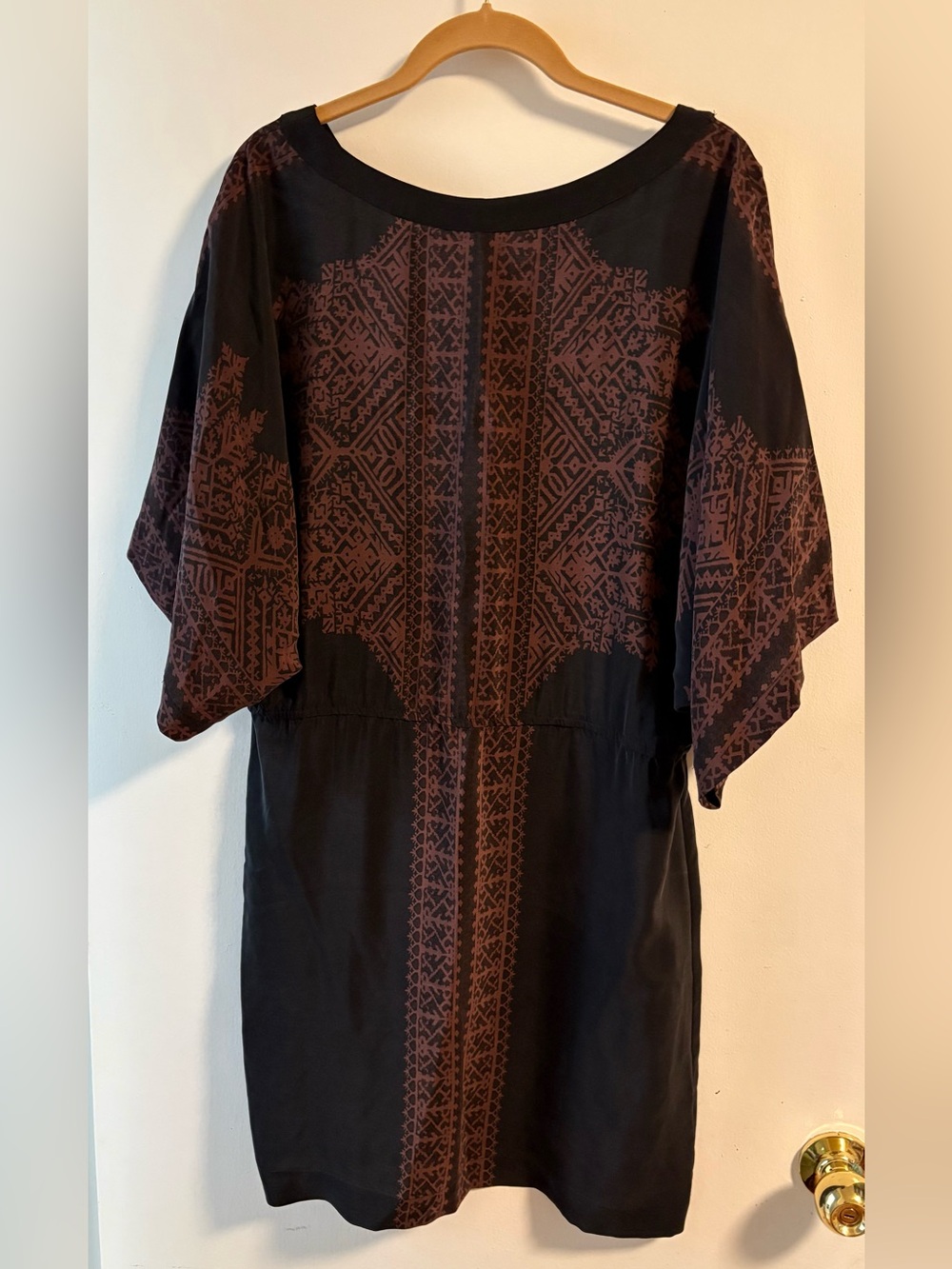 Beautiful 100% Silk Black Dress with Chocolate Brown Geometric Print